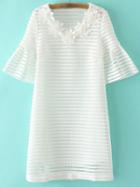 Romwe White Flowers V Neck Bell Sleeve Hollow Dress