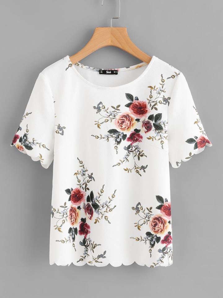 Romwe Flower Print Scalloped Top