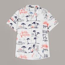Romwe Guys Notched Collar Tropical Print Shirt