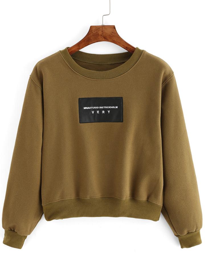 Romwe Letter Embroidered Patch Army Green Sweatshirt