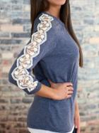Romwe Blue Round Neck Lace Long Sleeve T-shirt