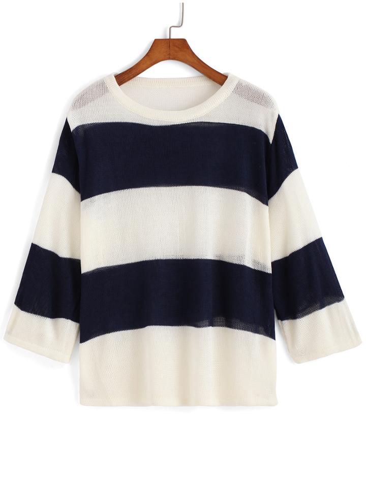 Romwe Striped Knit Blue Sweater