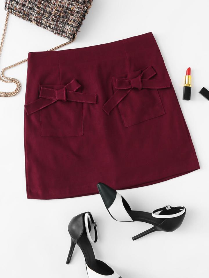 Romwe Dual Pocket Bow Front Skirt