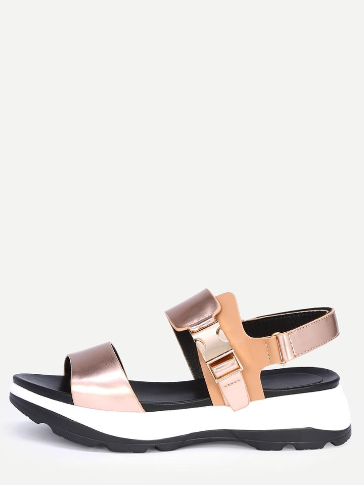 Romwe Faux Patent Leather Wide Strap Flatform Sandals - Rose Gold