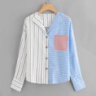 Romwe Chest Pocket Two Tone Striped Blouse