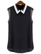 Romwe Black Collar Sleeveless Chiffon Blouse