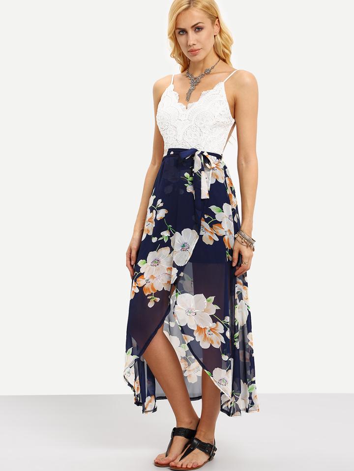Romwe Spaghetti Strap Contrast Lace Wrap Florals Dress