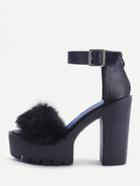 Romwe Black Faux Fur Detail Platform Chunky Heeled Sandals