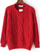 Romwe Cable Knit Fuzzy Red Sweater