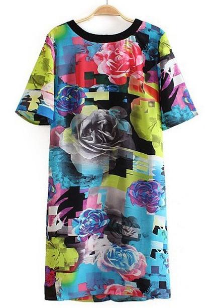 Romwe Short Sleeve Florals Back Split Dress