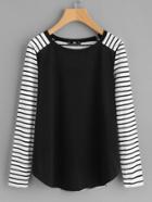 Romwe Elbow Patch Detail Striped T-shirt
