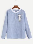 Romwe Blue Contrast Neck Cat Print Striped Blouse