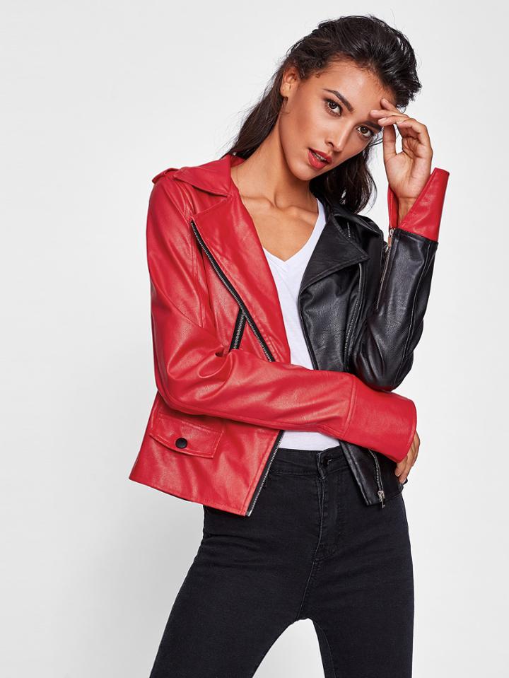 Romwe Two Tone Asymmetric Zip Moto Jacket