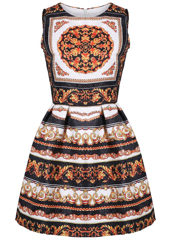 Romwe Sleeveless Floral Print Jacquard Flare Dress
