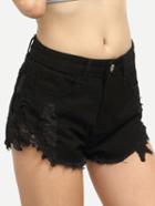 Romwe Black Lace Applique Raw Hem Denim Shorts