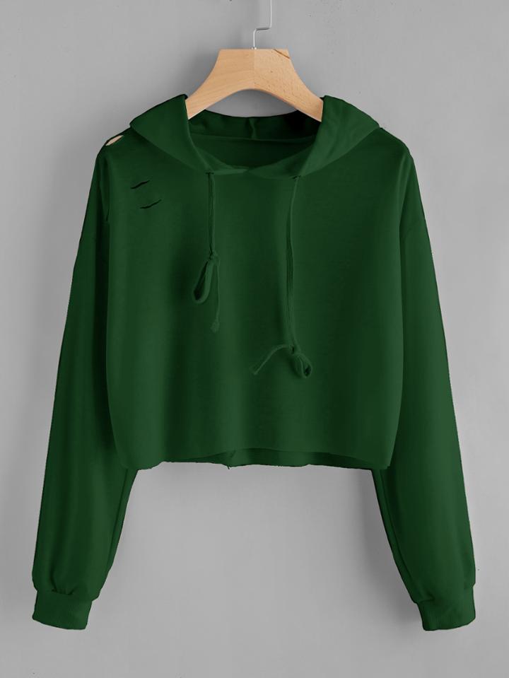 Romwe Drop Shoulder Raw Hem Rips Crop Hoodie