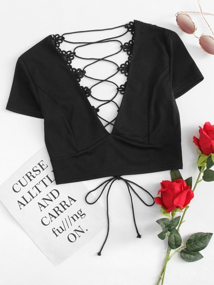 Romwe Lace Panel Lace Up Crop Top
