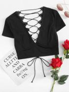 Romwe Lace Panel Lace Up Crop Top