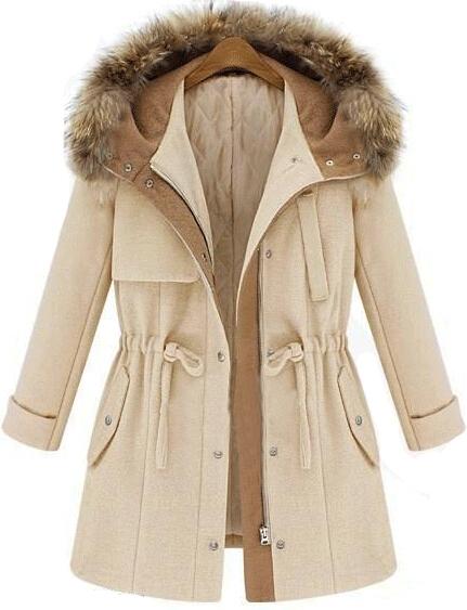 Romwe Hooded Drawstring Beige Coat