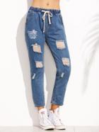 Romwe Blue Ripped Printed Drawstring Jeans