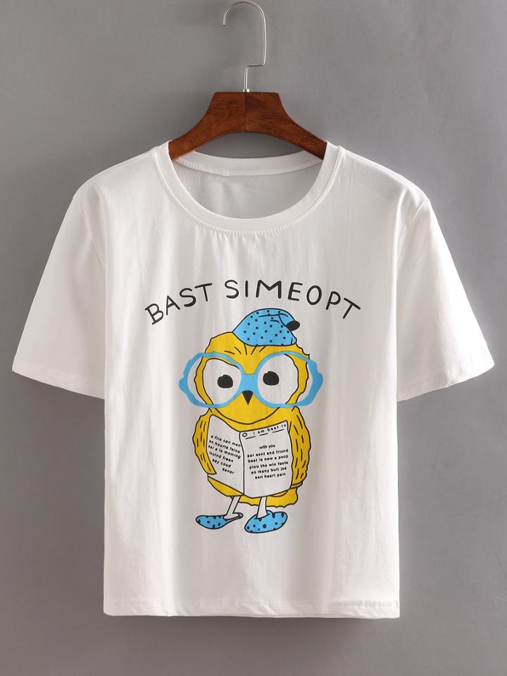 Romwe White Owl Print T-shirt