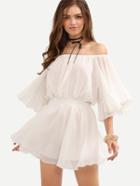Romwe Off-the-shoulder Shirred Waist Ruffled Dress - White