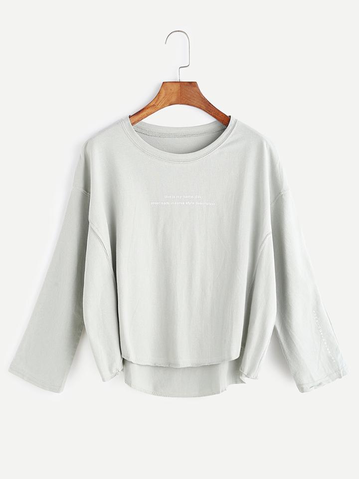 Romwe Grey Letter Print Drop Shoulder High Low T-shirt