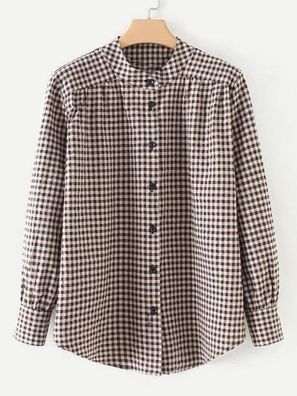 Romwe Curved Hem Gingham Blouse