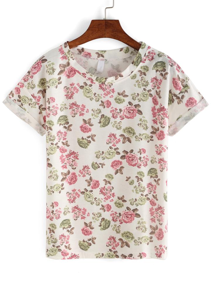 Romwe Allover Flower Print Roll Sleeve T-shirt