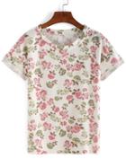Romwe Allover Flower Print Roll Sleeve T-shirt