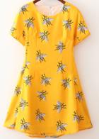 Romwe Yellow Short Sleeve Bee Print Dress