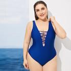 Romwe Plus Ladder Cut-out Plunging One Piece Swimsuit