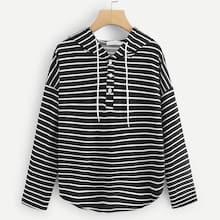 Romwe Curved Hem Striped Hooded Tee