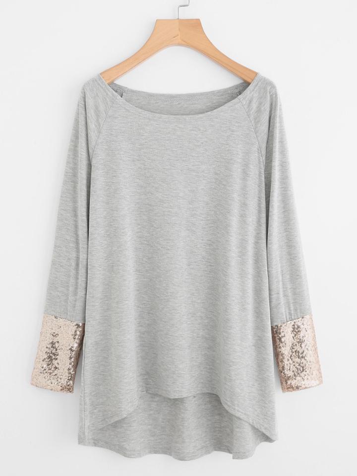 Romwe Contrast Sequin Cuff Dip Hem Tee