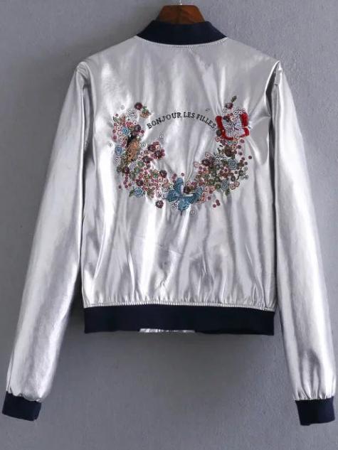 Romwe Silver Butterfly Embroidery Contrast Trim Jacket