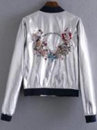 Romwe Silver Butterfly Embroidery Contrast Trim Jacket