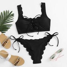 Romwe Tie Side Scalloped Trim Bikini Set