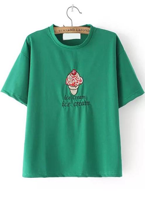 Romwe Ice Cream Embroidered Green T-shirt