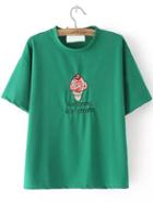 Romwe Ice Cream Embroidered Green T-shirt