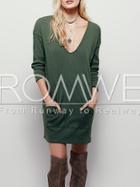 Romwe Army Green V Neck Pockets Dress