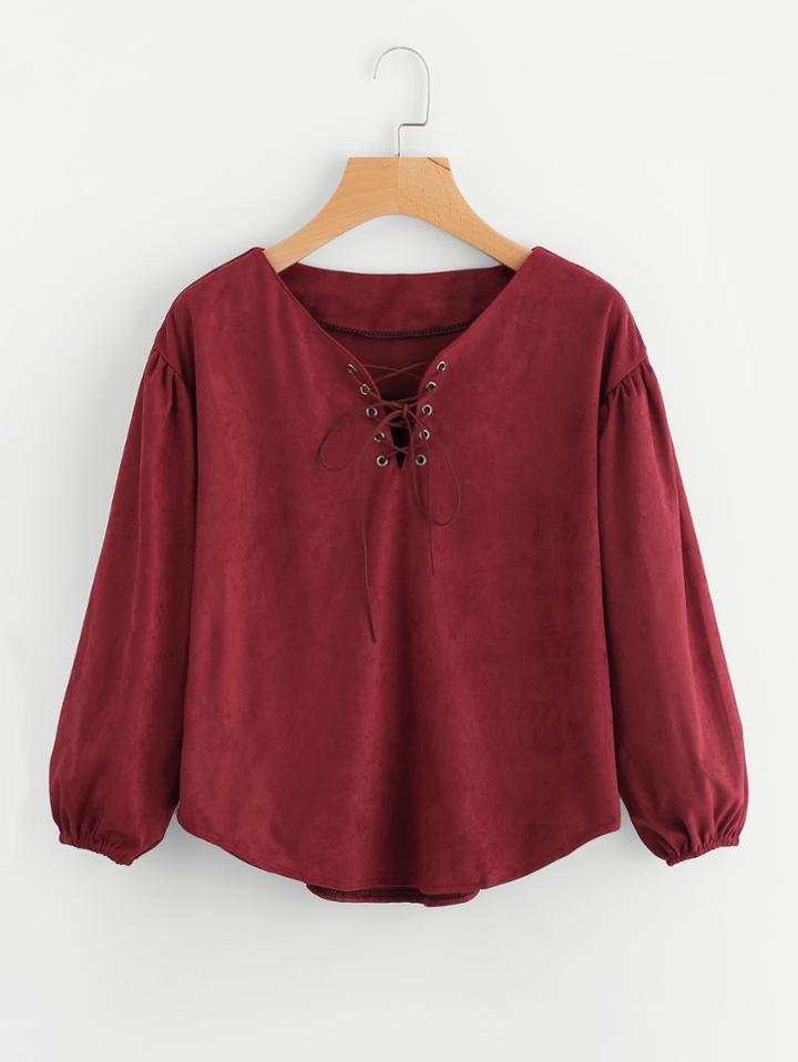Romwe Eyelet Lace Up Blouse