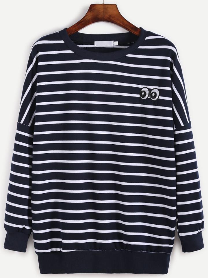 Romwe Navy Striped Drop Shoulder Eye Embroidered Sweatshirt