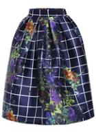 Romwe Floral Print Plaid Flare Skirt