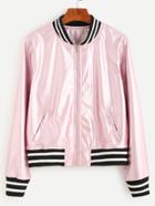 Romwe Pink Contrast Striped Trim Faux Leather Jacket