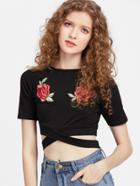 Romwe Raglan Sleeve Applique Criss Cross Crop Tee