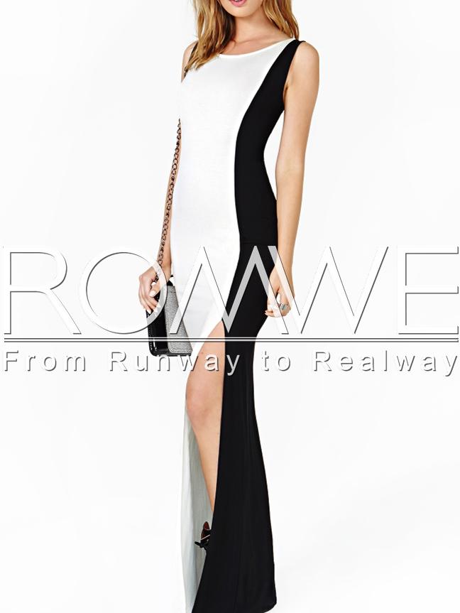 Romwe White Black Crew Neck Side Split Casual Maxi Dress