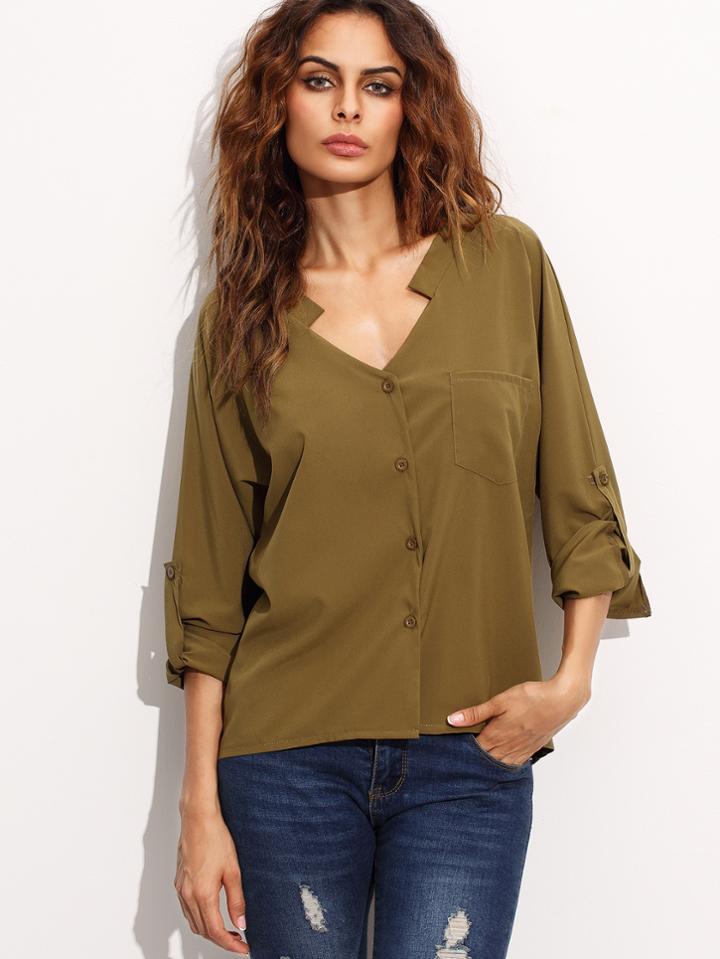Romwe Army Green V Neck Roll Tab Sleeve Blouse