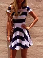 Romwe Navy White Strap Short Sleeve Skater Dress