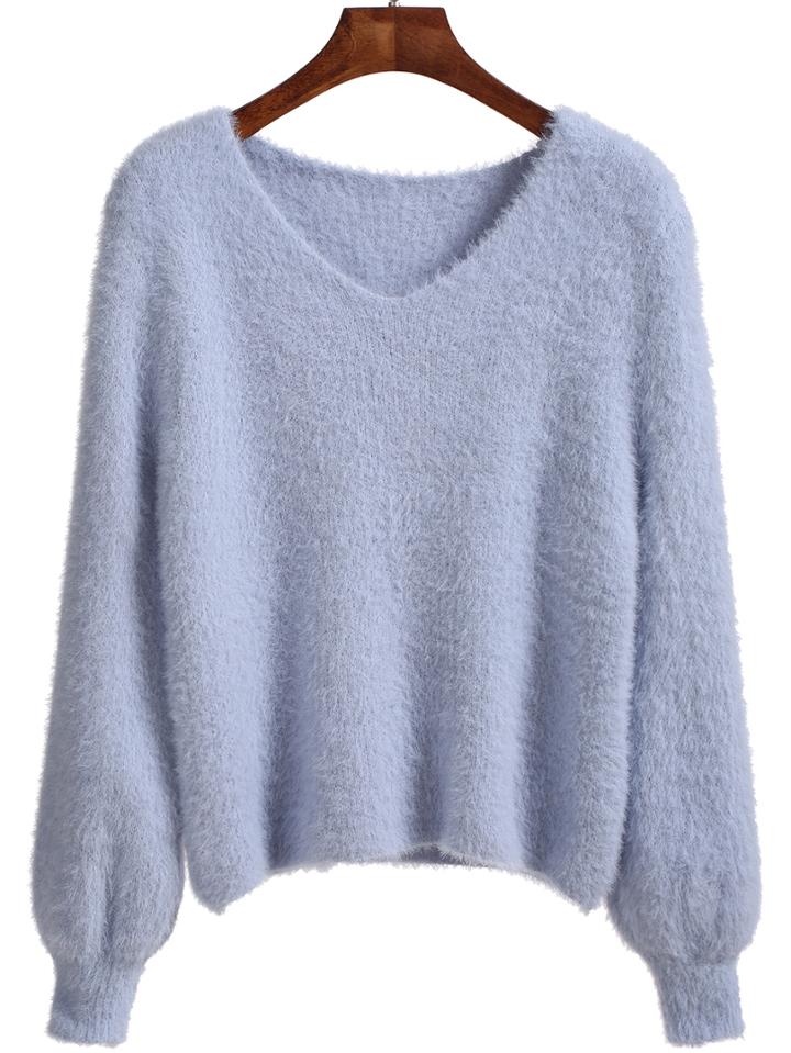 Romwe V Neck Long Sleeve Blue Sweater