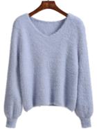 Romwe V Neck Long Sleeve Blue Sweater